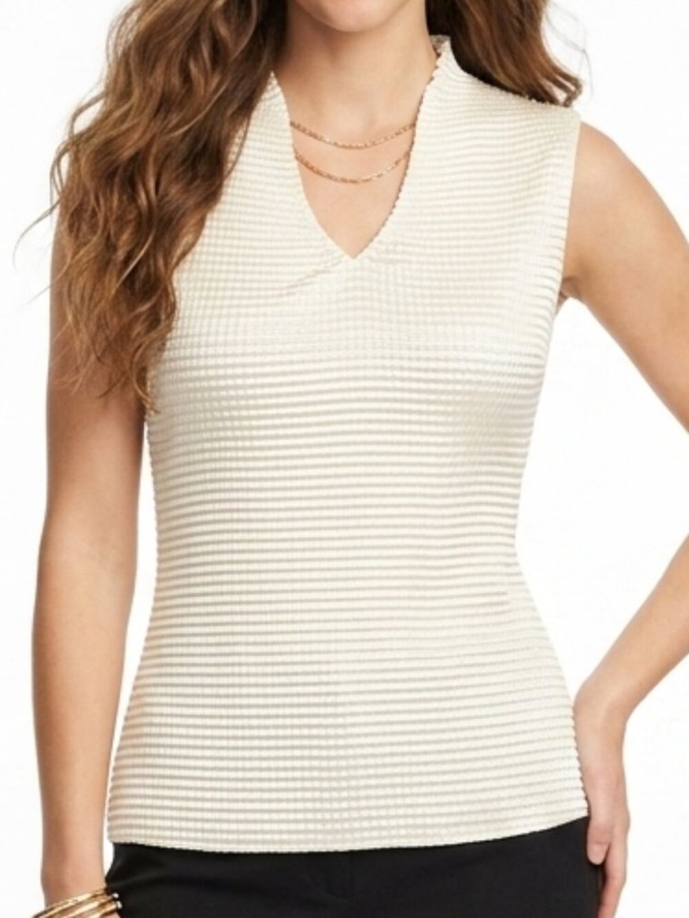 Nicola Vintage 90s Cream Textured Ribbed Sleeveless Top V-Neck Blouse Glam S